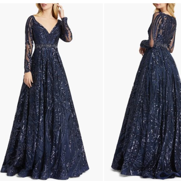 MAC DUGGAL 67113 LONG SLEEVE EMBELLISHED MIDNIGHT NAVY BALLGOWN sz 20 - Picture 1 of 4